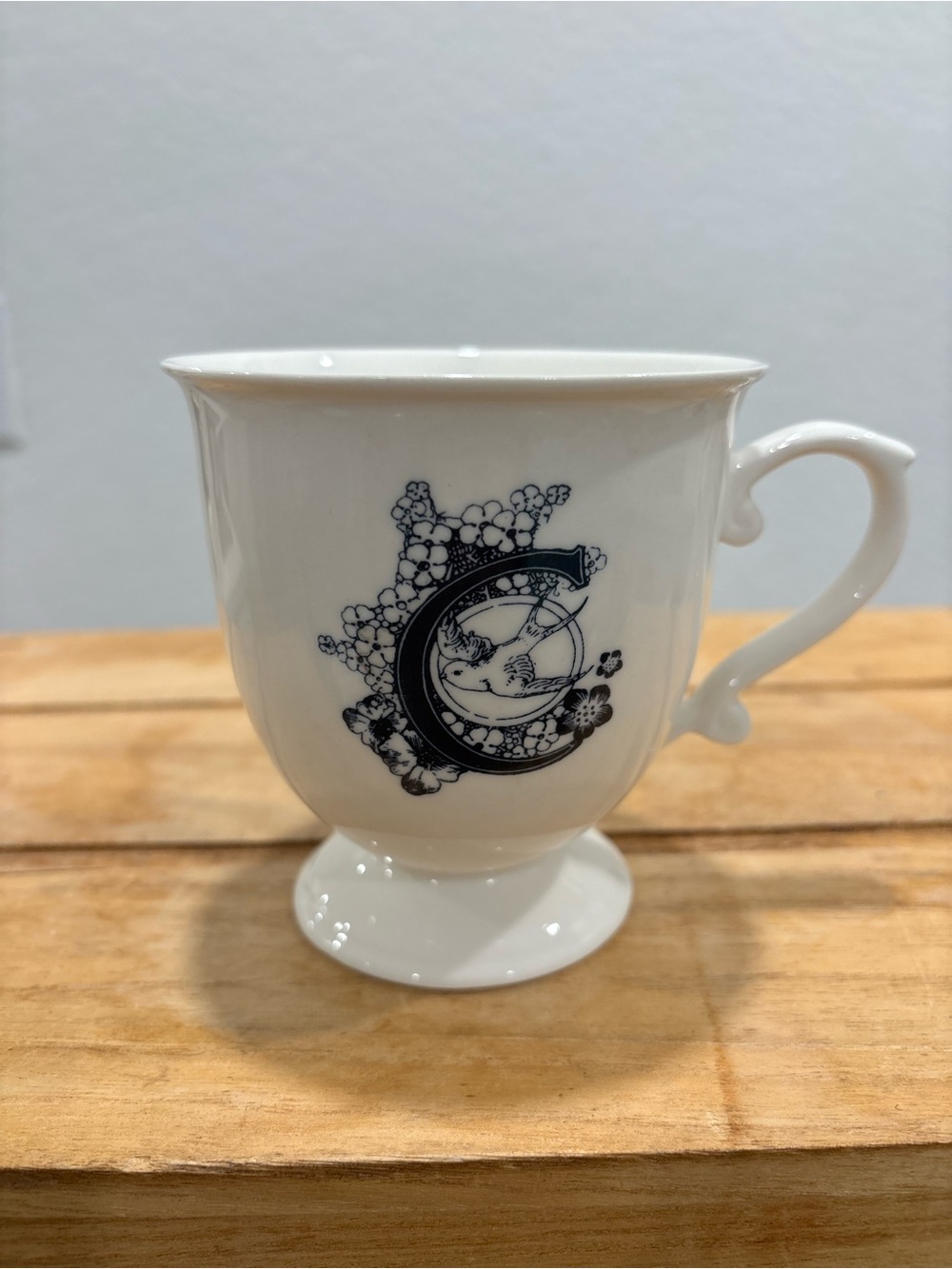 Anthropologie Missus Monogram C Pedestal Mug Footed Tea Cup Coffee Bird Floral